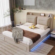 4FT6 Double Bed with LED, Velvet Upholstered Ottoman Storage Bed frame Beige