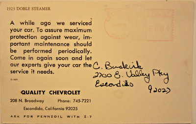 1976 Service Reminder, QUALITY CHEVROLET, Escondido, CA., b&w 5 1/2'' x 3 1/2''.