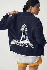 Anthropologie Lighthouse Shawl Collar Cardigan Sweater Normal Brand Navy OS NEW