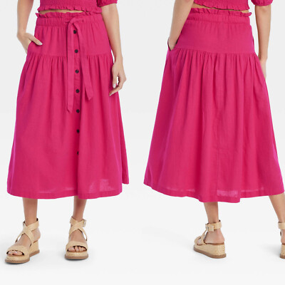 Small - Womens Tie Waist Button-Front Midi Skirt - Universal Thread - Pink