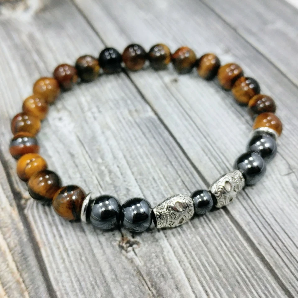 Pulsera para hombre 8"L calaveras de azúcar mexicanas 8 mm ojo de tigre + piedras preciosas de hematita con cuentas Foto 3 de 4