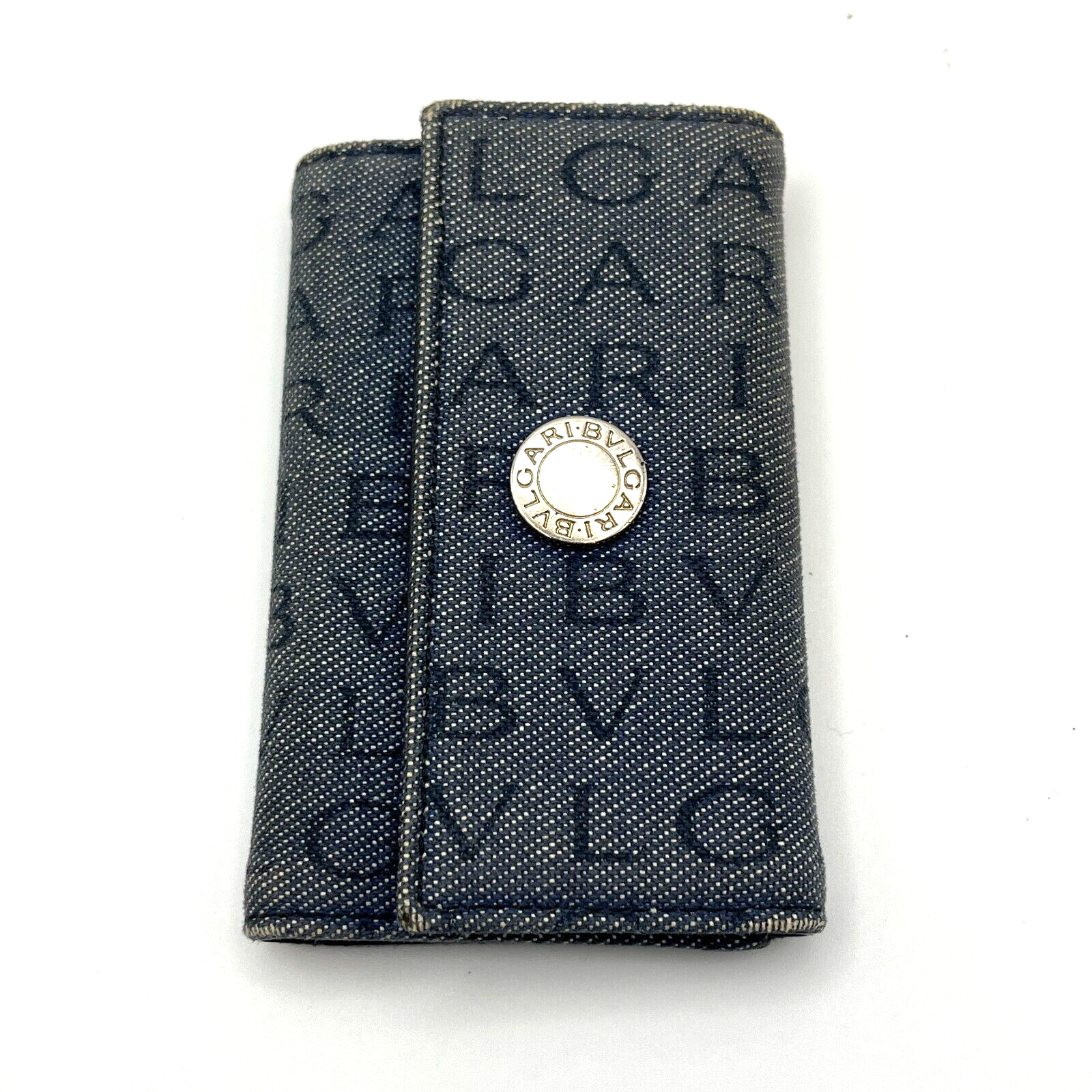 BVLGARI Key Holder Denim Logo Black Interior w One Pocket Two Key Hooks VTG