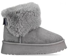 H.O.S Grey Faux Fur Lined Chunky Platform Bow Detailed Ankle Boots