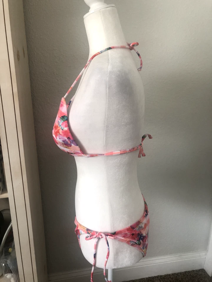 Nuevo BIKINI OP OCEAN PACIFIC M 7-9 Rosa Floral Rayas Baño CUERDA PARTE INFERIOR Foto 3 de 4