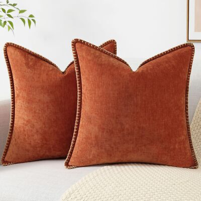 Chenille Soft Throw Pillow Covers 18x18 Set of 2, Farmhouse Velvet Decorative...