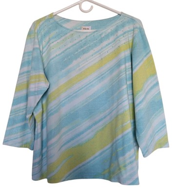 Ruby Rd Favorites Blouse Woman's XL Blue Yellow 3/4 Sleeve Beaded Boat Neck