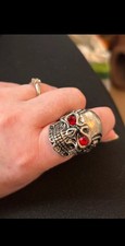 Gothic Biker Skull Statement Ring - Silver Tone with Red Rhinestone Eyes