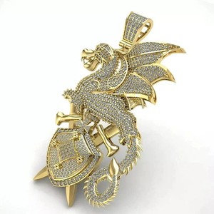 Authentic 3Ct Round Cut Real Moissanite Large Dragon Charm Pendant 14K Yellow Gold Plated