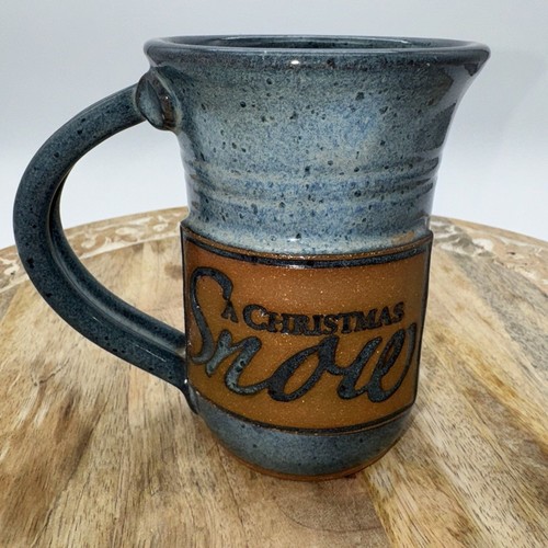 Artisan Made Ceramic Mug Christmas Snow Signed Green Handmade Stoneware Winter