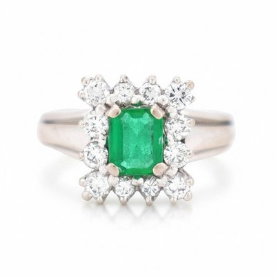 Vintage Smaragd & Diamant Halo Gold Ring - 70er Jahre