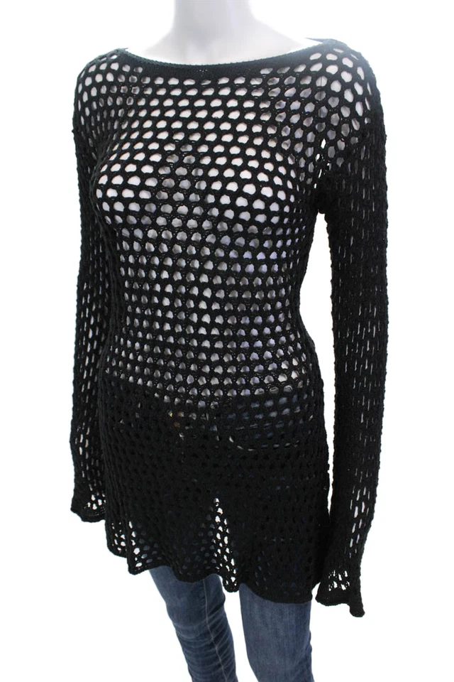 Vix Paula Hermanny Womens Round Neck Long Sleeve Crochet Top Black Size XS - Image 2 of 4
