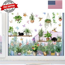 Spring Summer Window Clings Plant Cat Hummingbird Glass Stickers with Hanging...