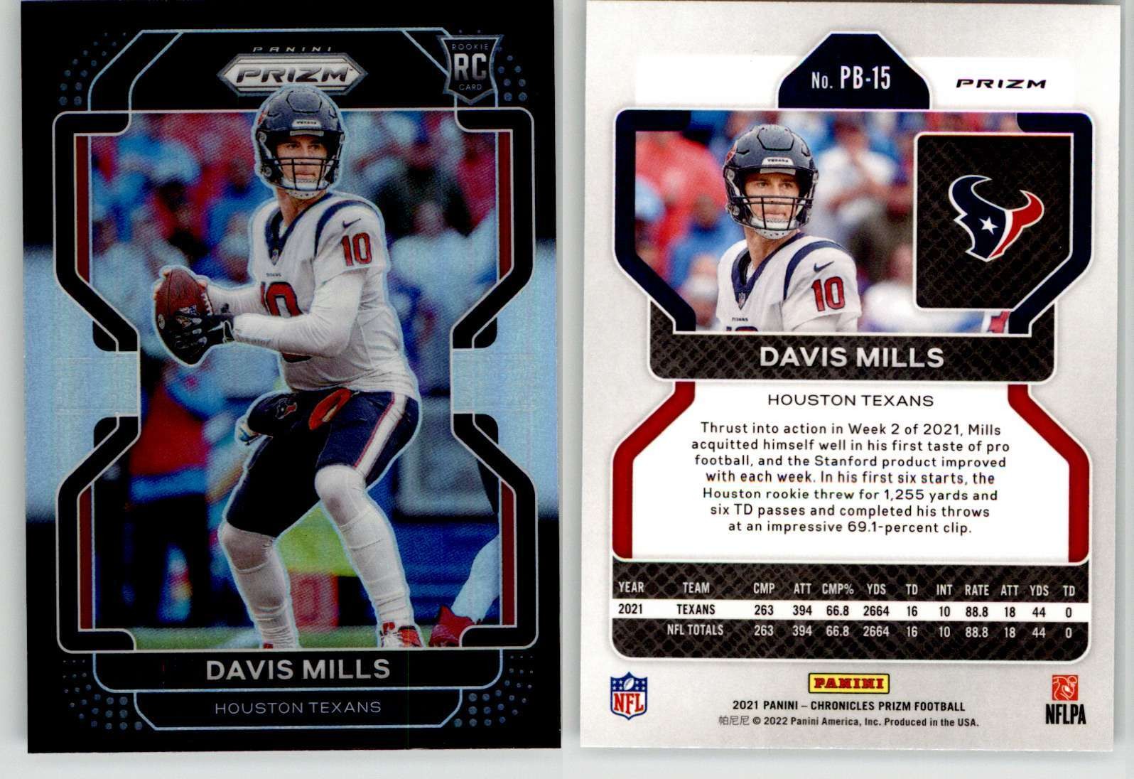 Davis Mills 2021 Chronicles Prizm Black Silver PB-15 Stanford Texans RC Rookie