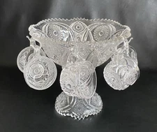 EAPG Cambridge #2351 Star Diamond Sawtooth 10" Punch Bowl w Stand 5 Cups