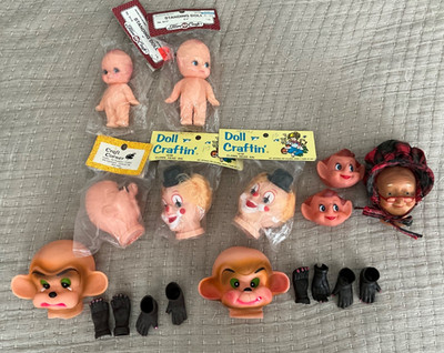 VINTAGE LOT OF RUBBER DOLL HEADS FACES MONKEY OLD LADY ELFS CLOWNS KEWPIE DOLLS