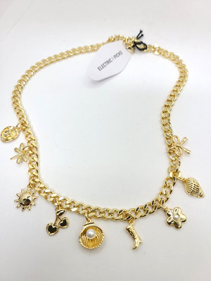 Electric Picks Gold Plated Curb Chain Necklace With Dangle Charms 18''