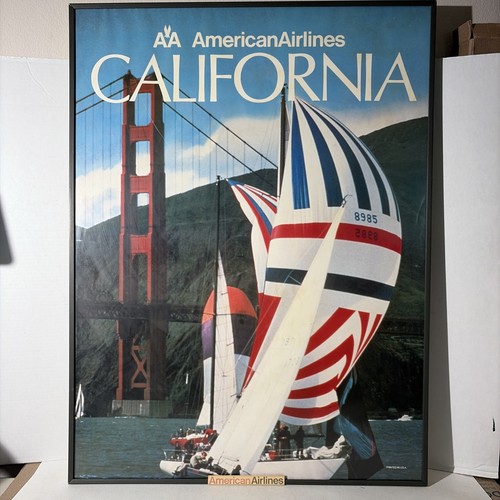 Vintage American Airlines California Travel Poster Sailboats Airport Frame 30x40