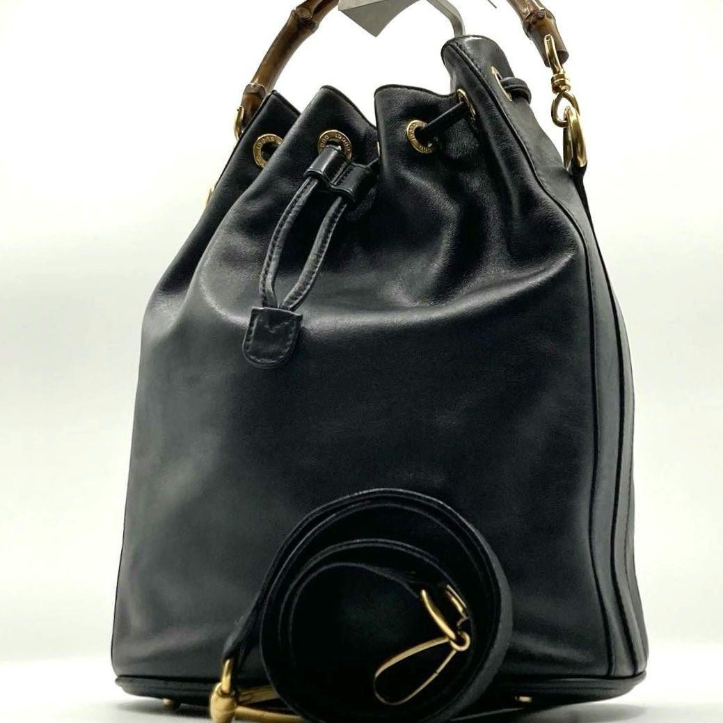 Gucci Bamboo 2Way Leather Shoulder Bag Black Vintage Crossbody Used