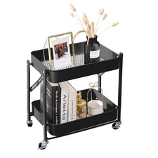 2-Tier Metal Folding Rolling Cart Mobile Utility Trolley Storage Organizer