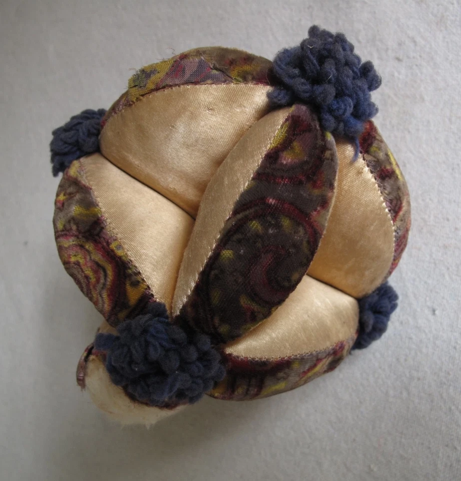 Antique Sewing Ball Pin Cushion Velvet Pattern & Pink Satin as is - Image 3 of 4