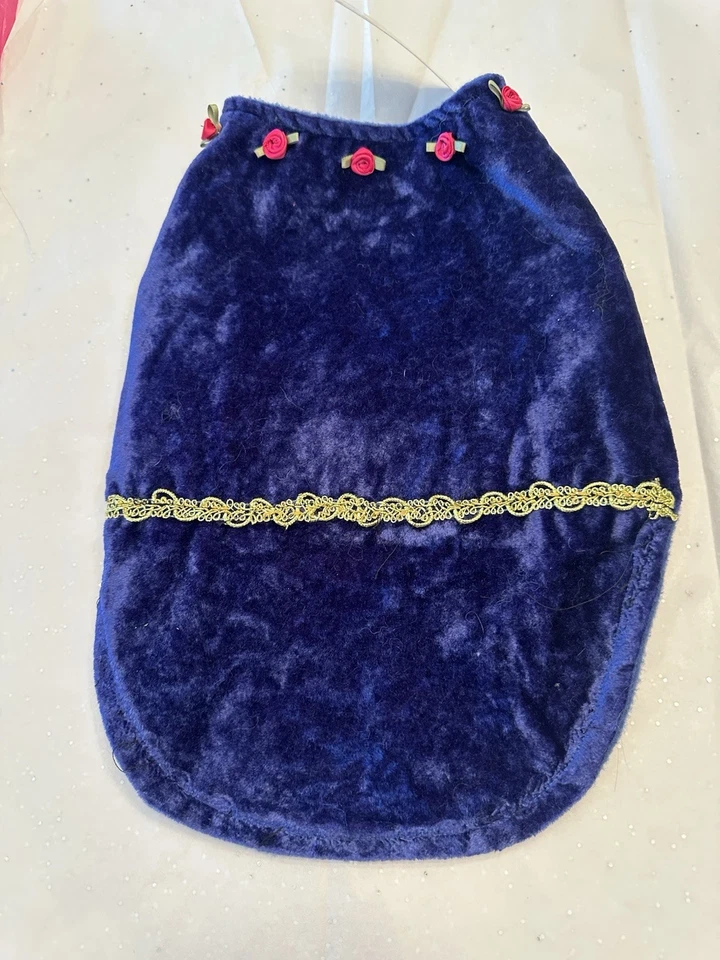 Dog Royal Blue Faux Velvet Dress by Cute Gold Trim With Pink Flower - Image 3 of 4