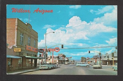 Willcox Arizona AZ c1960 Main St Rexall Drug, Cafe, 76 Gas, Stores, Autos, Chikn