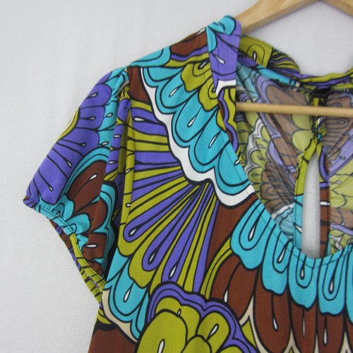 Charlie Brown Dress Womens 14 Blue Green Geometric Retro Shift Short Stretch - Picture 3 of 15