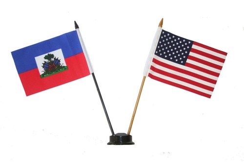 usa & haiti 4" x 6" double stick flag with black stand on 10"