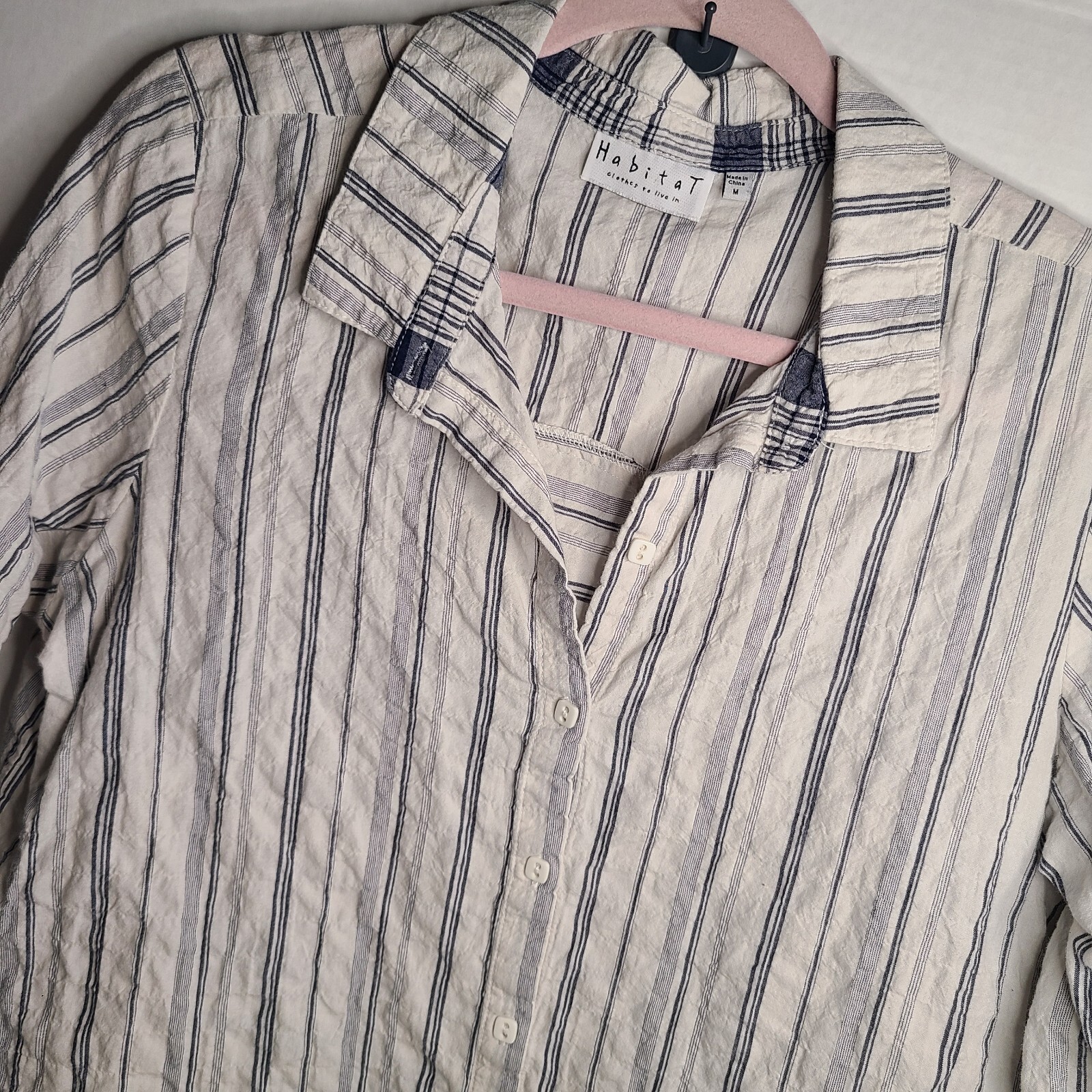 Habitat Blue White Button Roll Tab Sleeve Shirt Womens Size Medium