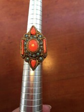 Vintage Tibetan Coral Turquoise Glass Gold Tone Brass tribal Ring