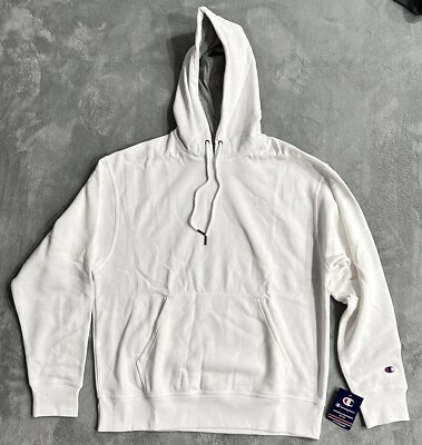 Champion Hoodie Men's L White Powerblend Oversized Large Fleece Hoodie 