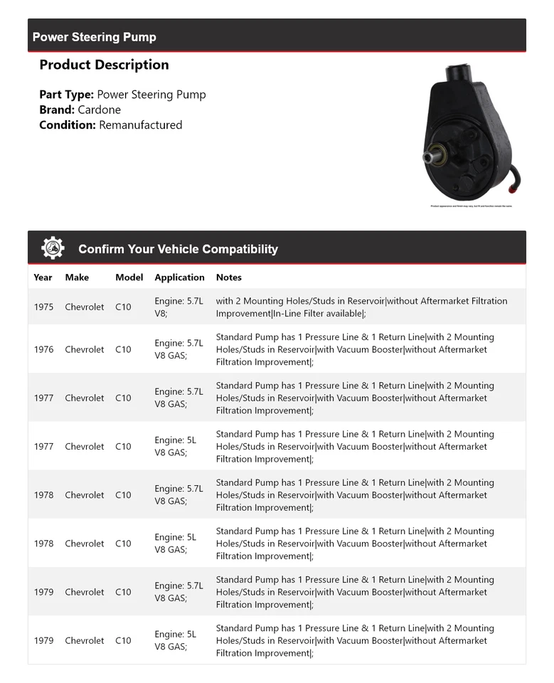 For 1975-1979 Chevrolet C10 Power Steering Pump Cardone 1976 1977 1978 - Image 2 of 4