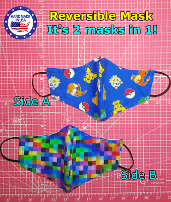  Pokémon Pikachu REVERSIBLE Rainbow Pixel Blocks (Pokemon Face Mask)Multi Sizes