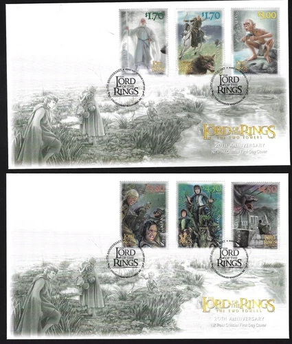 NEW ZEALAND 2022 Lord of the Rings: Two Towers 20th, Set of 6 on 2 FDC’s
