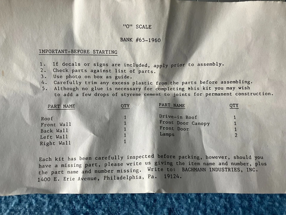 BANK #65-1960 O Scale Building Kit Model Bachmann Plasticville Missing 1 Piece - Image 3 of 3