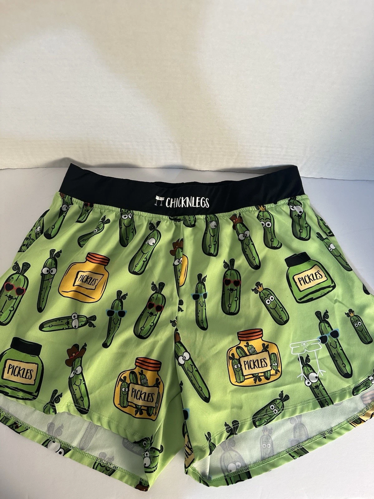Chickenlegs Men’s Size L Running Shorts Green With Pickles Black Waistband