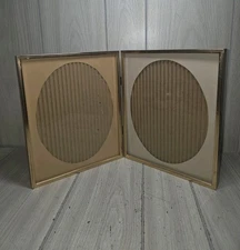 Vtg 70s Brass Standing Double Bifold Picture Frame Oval Matte Gold Tone 8x10