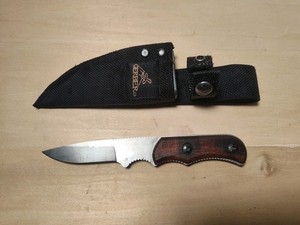 Used Gerber Profile Drop Point Fixed Blade Knife With Wooden Handle And Sheath