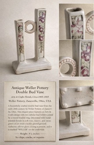 Antique Weller Pottery Double Bud Vase Arts & Crafts Floral 8.5”, Incised Mark