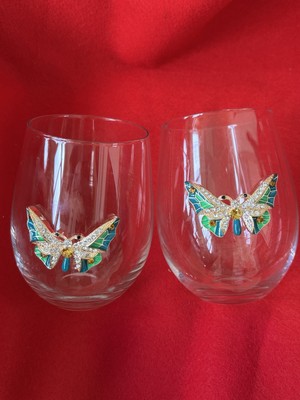 Rachel Zoe Jeweled Rhinestone Green Butterfly Stemless Wine Glasses, Set Of 2