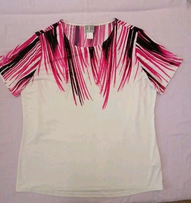 Fair Lady Damen Shirt T-Shirt Bluse Kurzarm Pailletten weiss Pink Gr.  44 neu