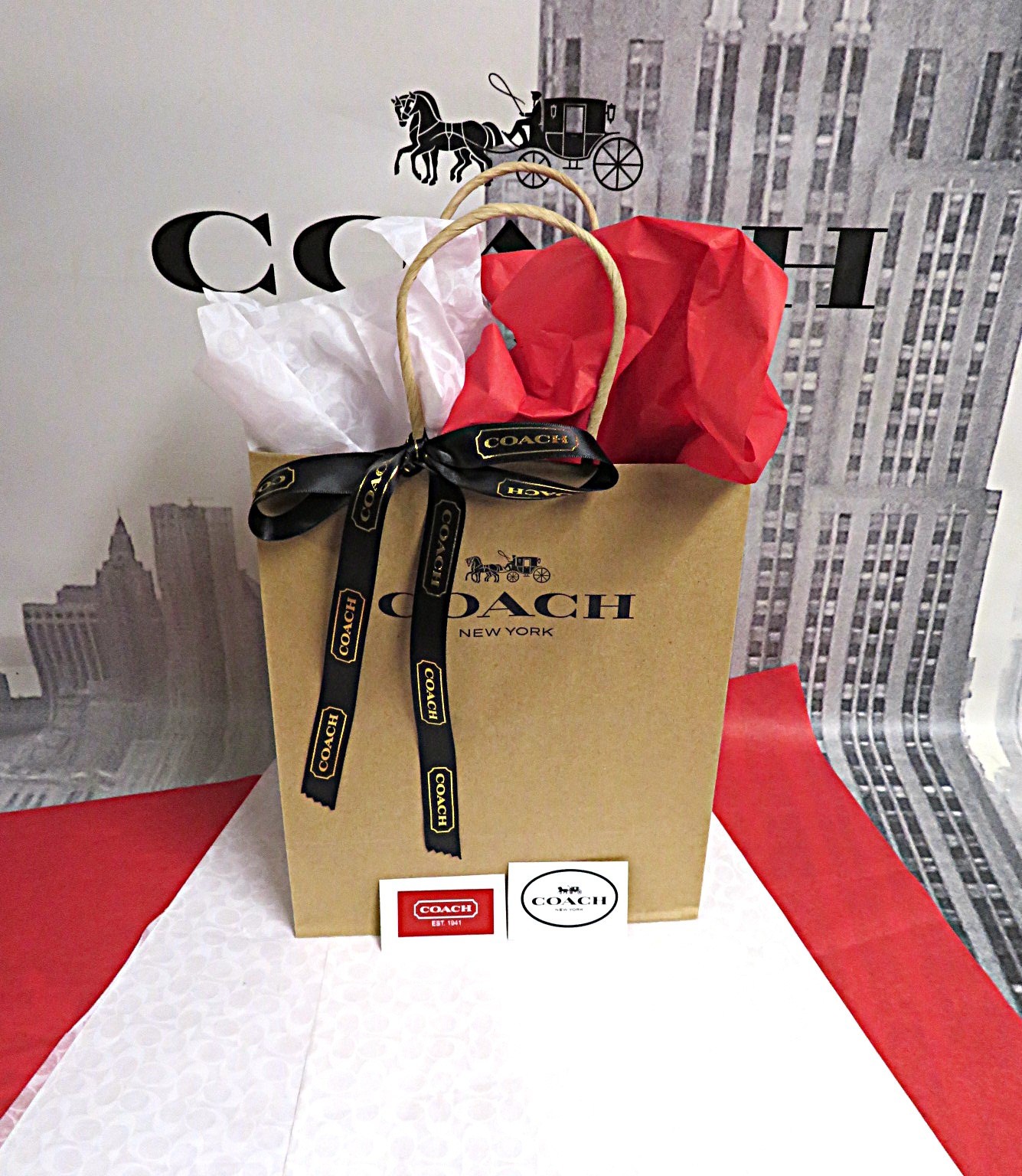 NEW Coach Brown Gift Bag Box~ w/Tissue Paper~ Stickers~2.5' 