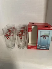 Vintage Anchor Hocking Poinsettia & Ribbons 4pc Iced Tea Glasses 15 oz