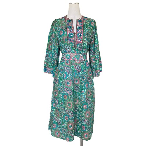 70s Vintage Ramona Rull Cotton Dress Kaftan Midi Maxi Womens Small Boho Hippie