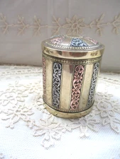 Antique Chinese Ornate Brass with Silver & Copper inlay 3.5" Covered Tea Caddy