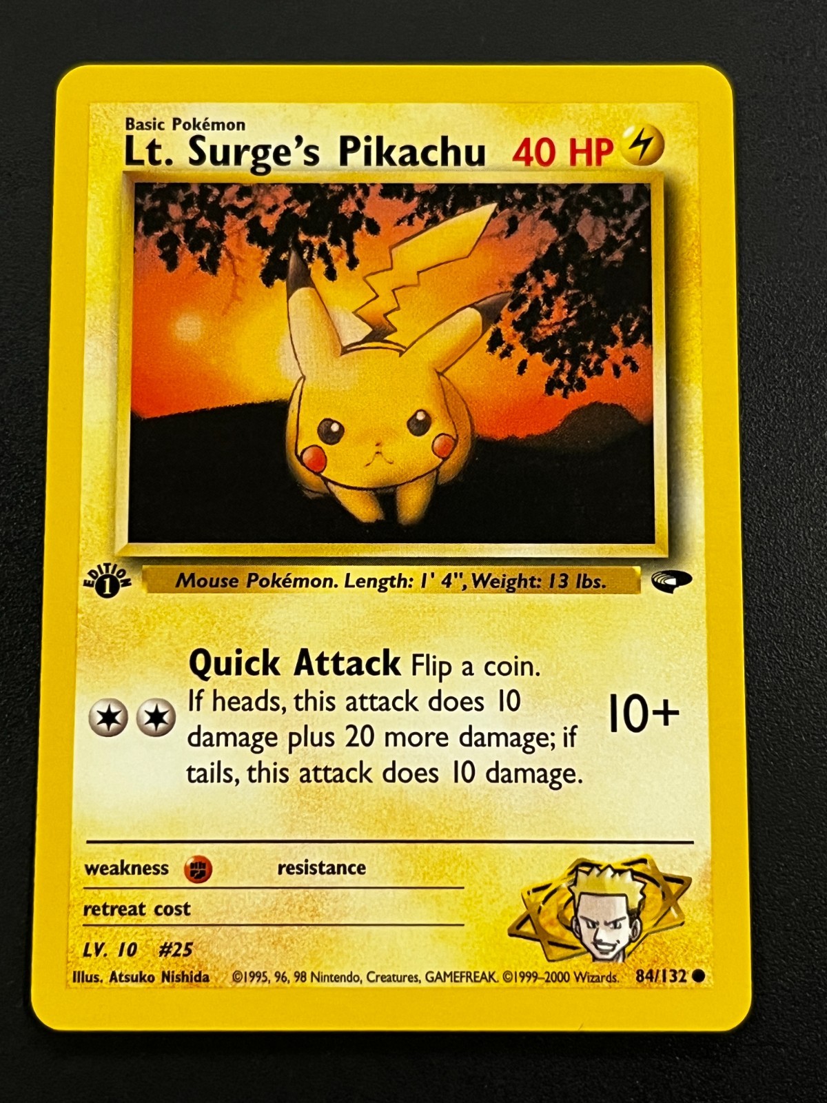 Lt. Surge's Pikachu 84/132 - Gym Challenge Regular 1st Edition Pokemon Card NM