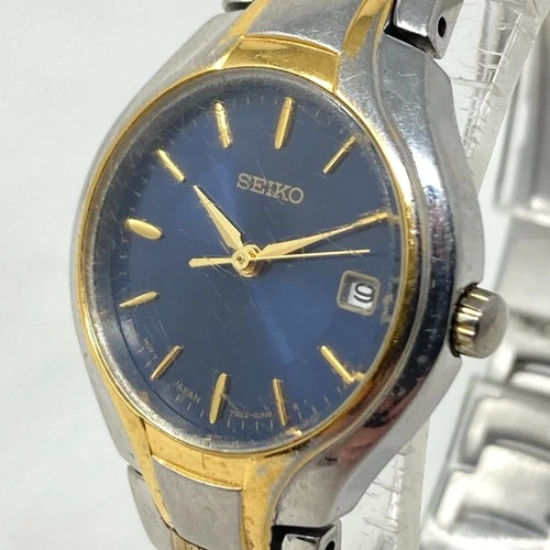 Seiko Watch Women 25mm Gold Silver Two Tone Blue Dial 7N82-0DR0 Date New Battery