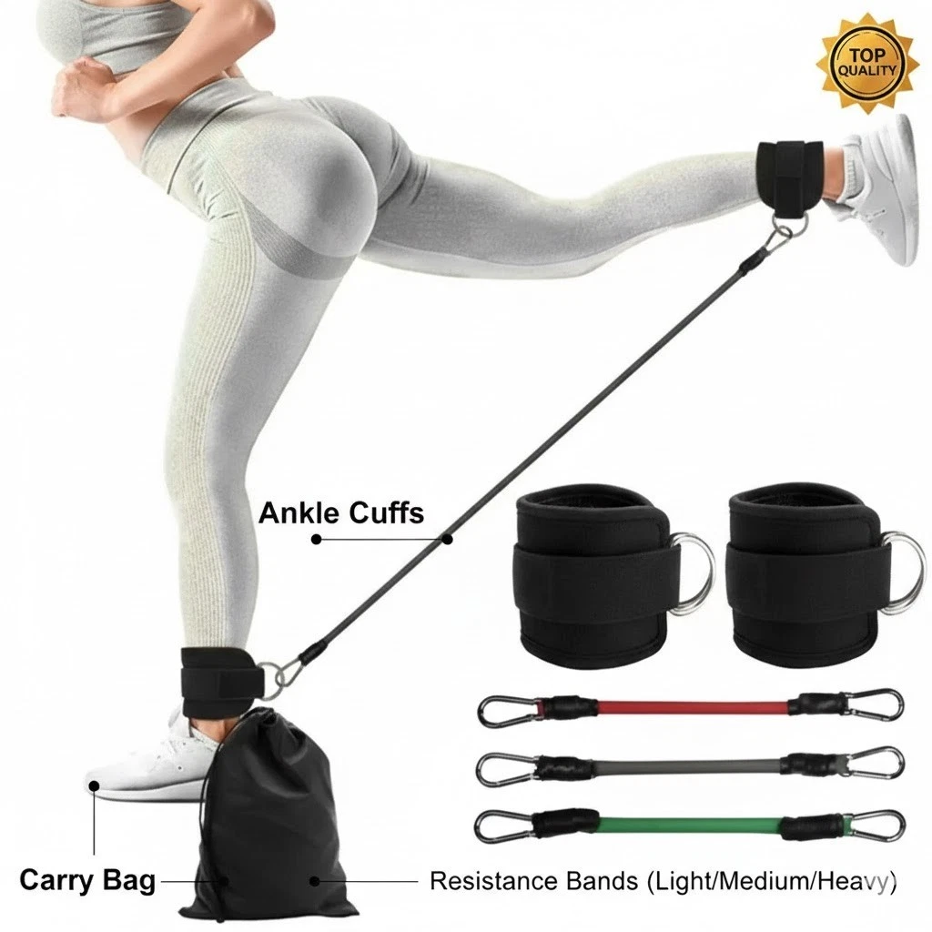 1 Glute Kickback Ankle Straps with Resistance Bands Set - Home Gym Workout