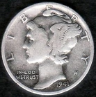 1941 War-Time Mercury Silver Dime, KM 140, F-VF