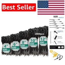 2000-Piece Nylon Zip Ties Set in Assorted Sizes - UV Resistant & Self-Locking